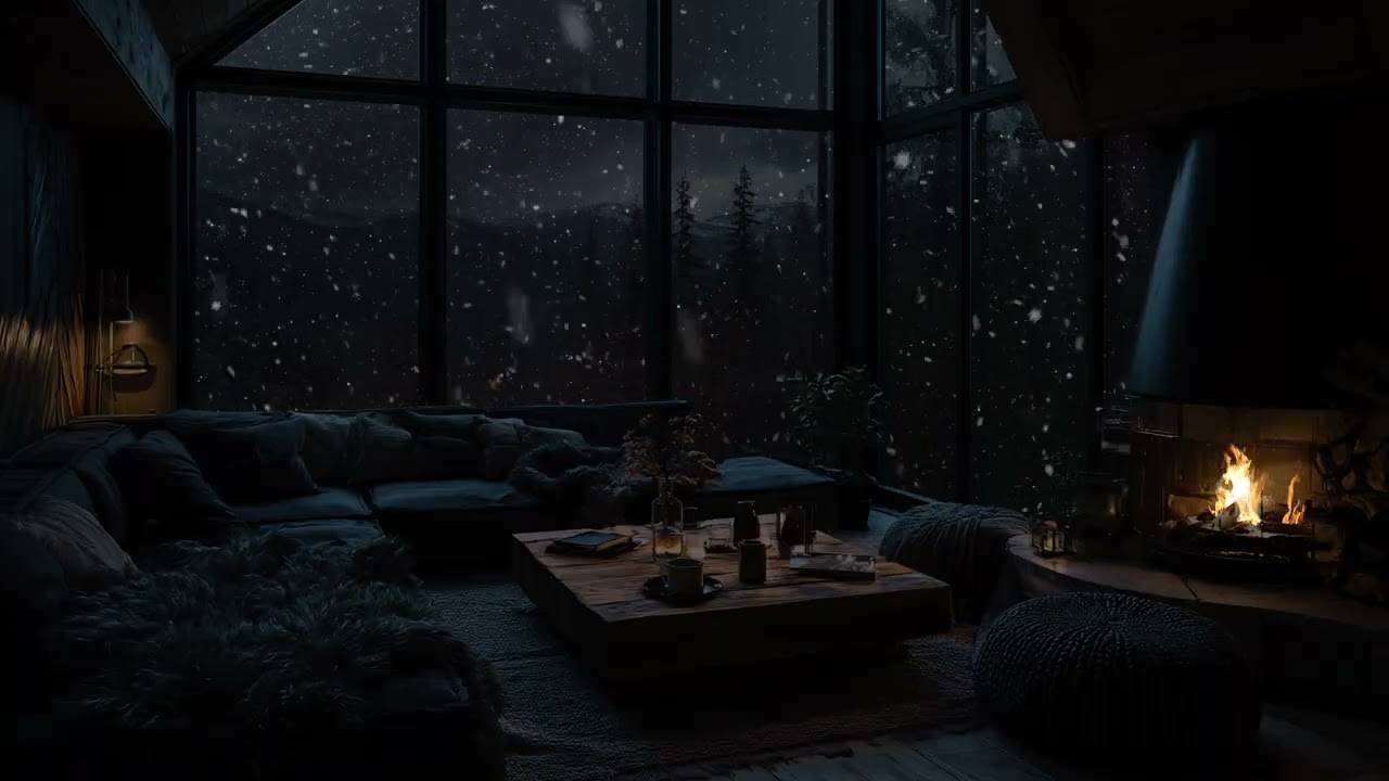 Sleep Peacefully to Fireplace Crackling and Snowfall Sounds from a Cabin in the Winter Woods