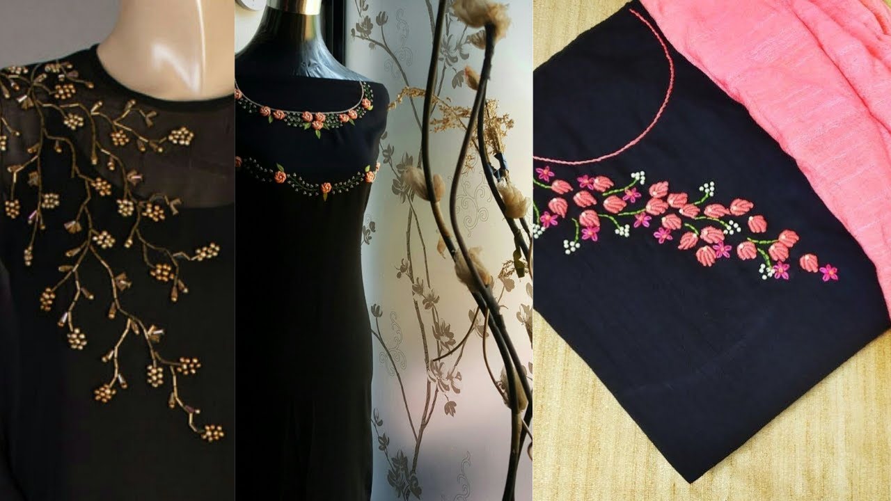 Top//80//new stylish//2022//Hand embroidery designs on black dress, for beautiful young girls: