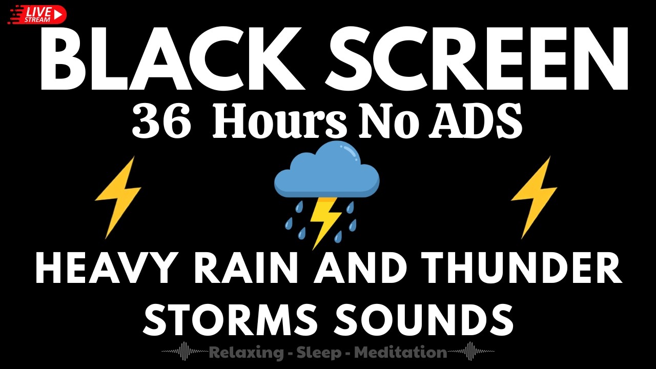 🔴 Heavy Rain and Thunder Sounds for Sleeping - Black Screen | Overnight Rain & Thunder Audio