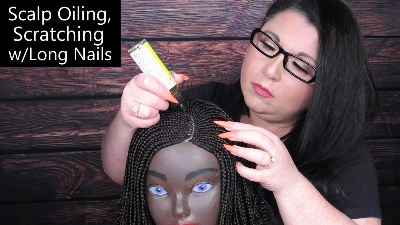 ASMR Scalp Oiling, Scalp Scratching with Long Nails, Braid Scratching, Scalp Check, Whispering