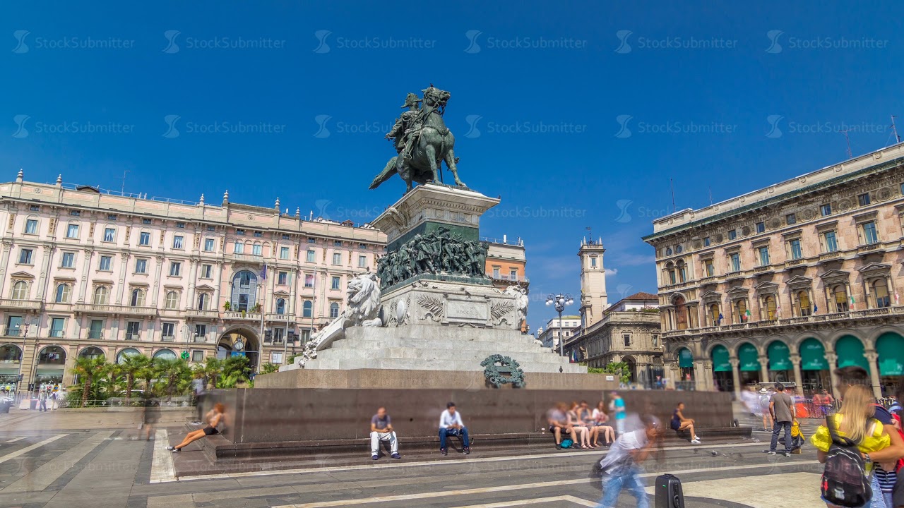 Vittorio Emanuele II statue at Piazza del Duomo timelapse hyperlapse. Milan in Lombardy, Italy