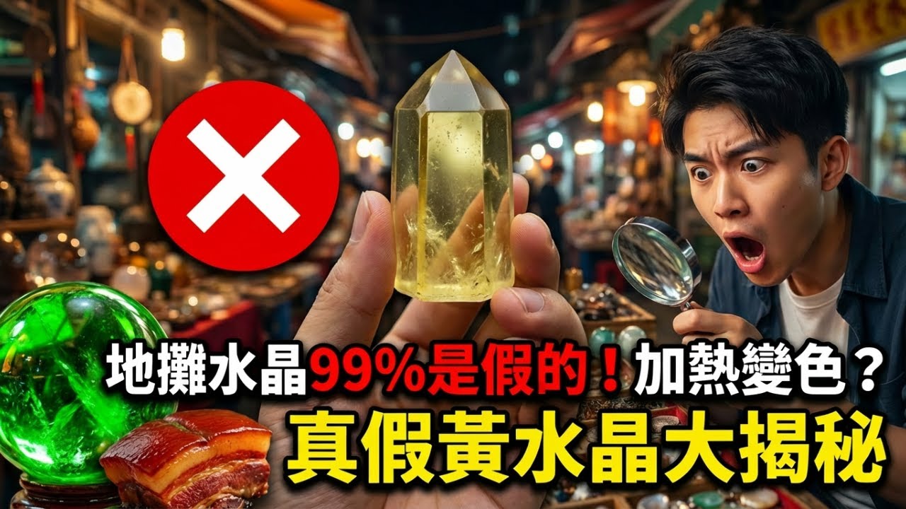地攤水晶水多深？真假黃水晶分別！綠水晶99%是假貨？紫水晶加熱變黃塔？揭秘地攤老闆不敢說的「燒色」秘密！小白必看防騙指南！
