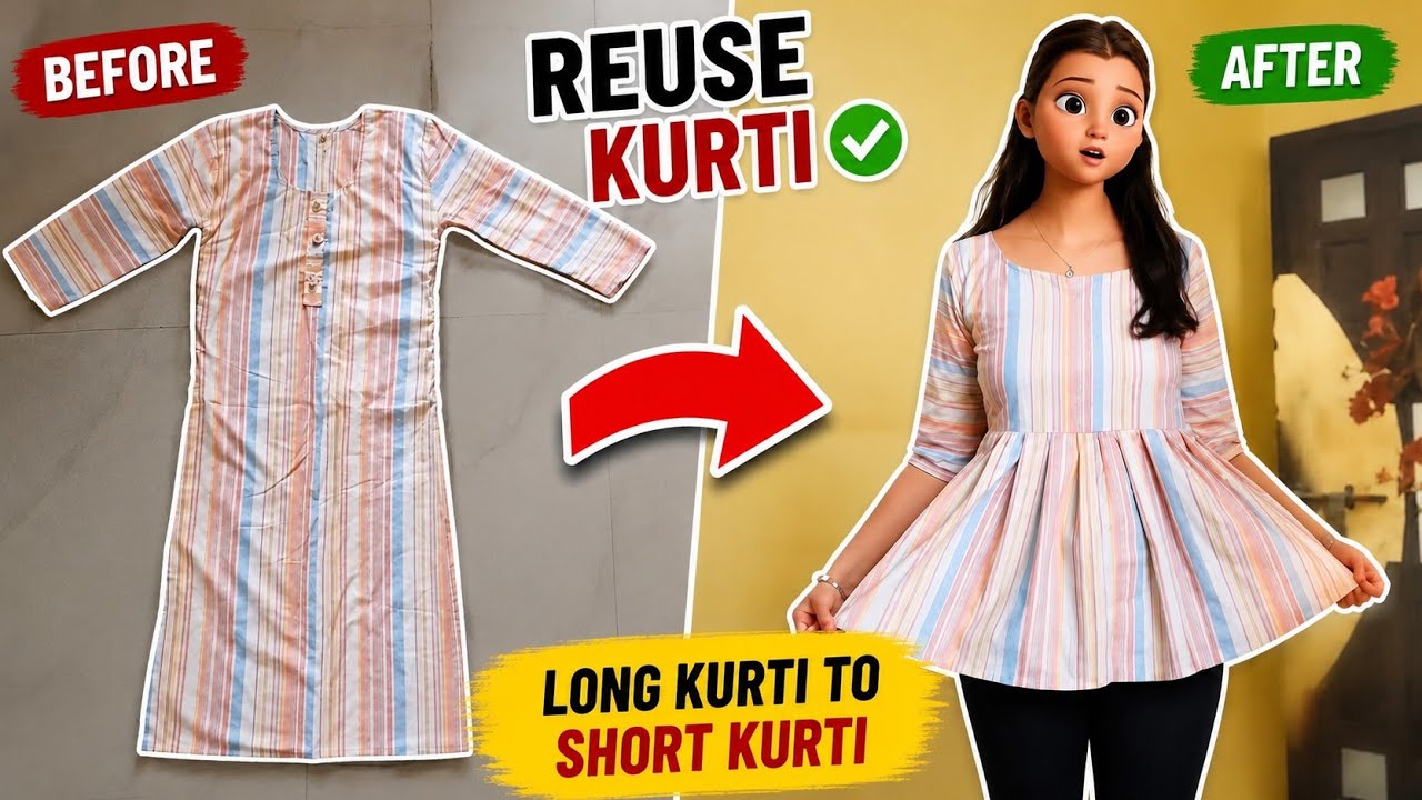 Long Old Kurti Reuse into short kurti 😍 long kurti to short kurti cutting and stitching.