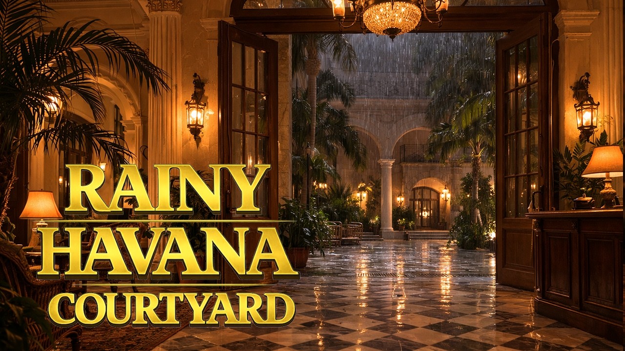 Rainy Havana Hotel Courtyard 🌧️ | 1940s Cuba Rain Ambience