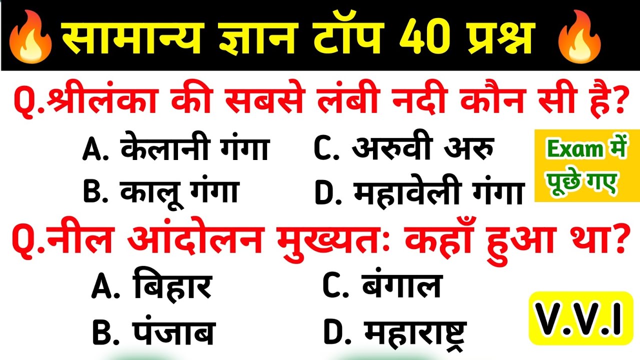 सामान्य ज्ञान | General Knowledge | Top 40 GK/GS Questions  | SSC GD, MTS, RPF, CRPF | GK Quiz Hindi