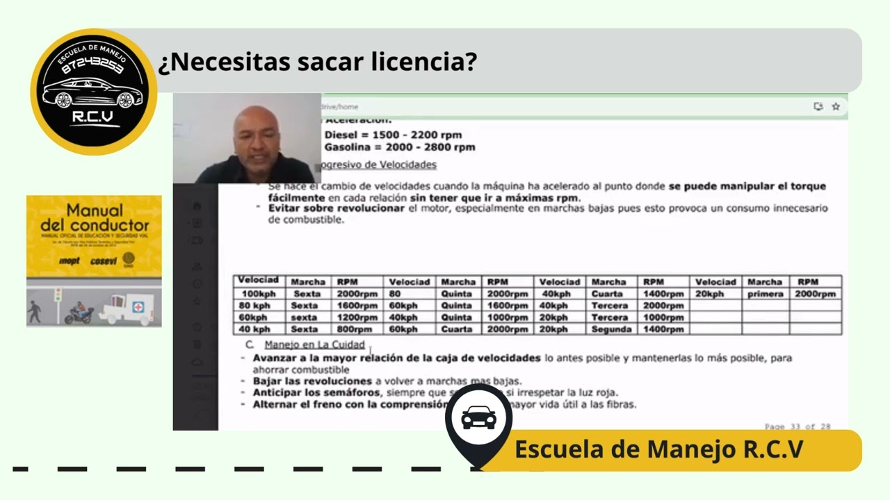 Escuela de manejo RCV. Curso Teórico Cosevi 2024, Capitulo 8 , Tabla de Revoluciones del motor !
