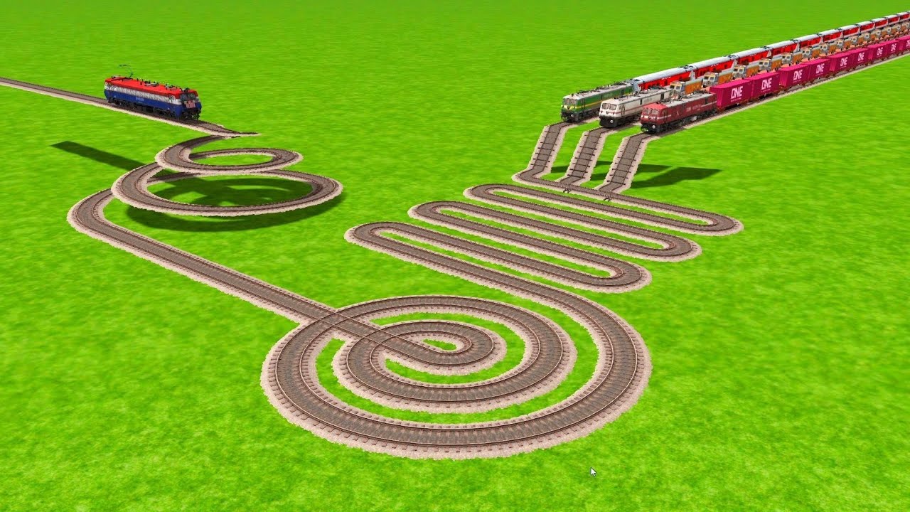 4 TRAINS PASSING AT CRAZIEST ROUND CIRCLES TRACKS RISKY RAILROAD TRACKS | Beamng Drive Railroad 