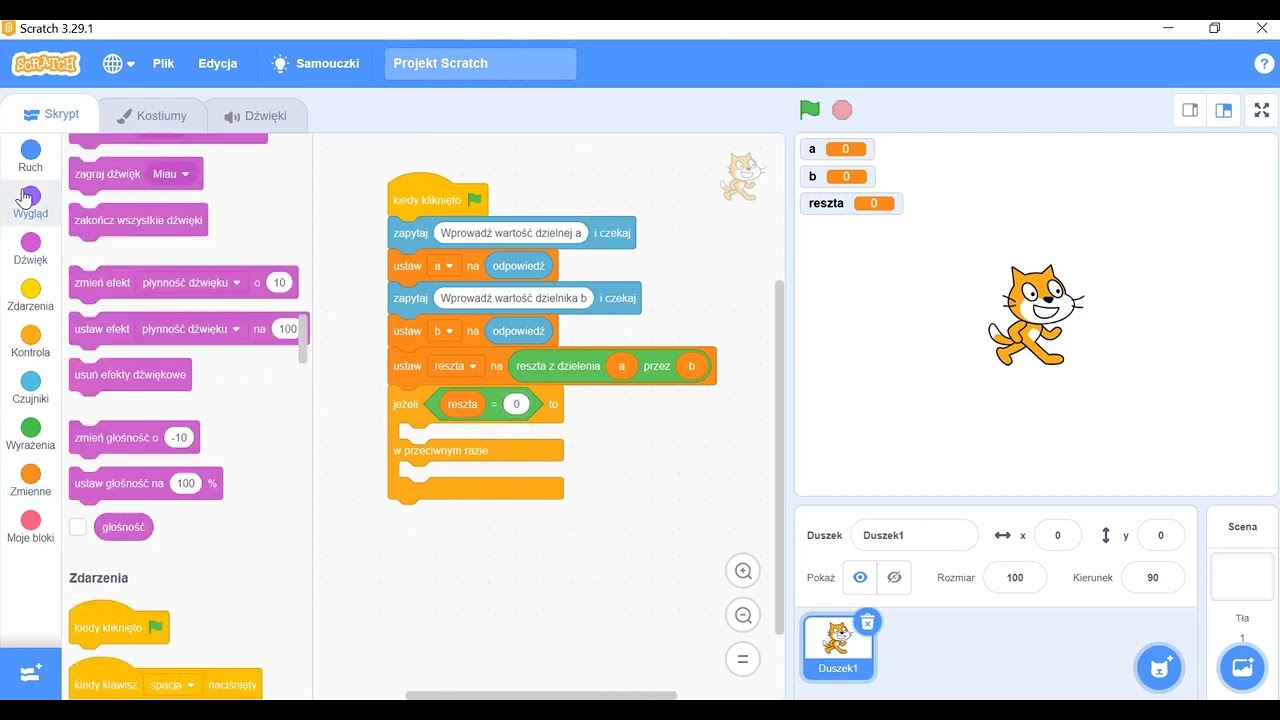 Tworzymy program w środowisku programowania Scratch realizujący algorytm badania podzielności liczb