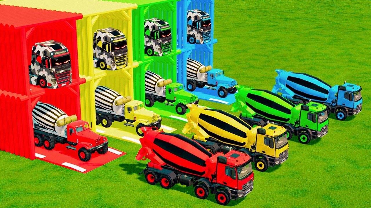 ALL MIXER TRUCKS on DOUBLE FLATBED TRAILER, VOLKSWAGEN, INTERNATIONAL - FARMING SIMULATOR 22