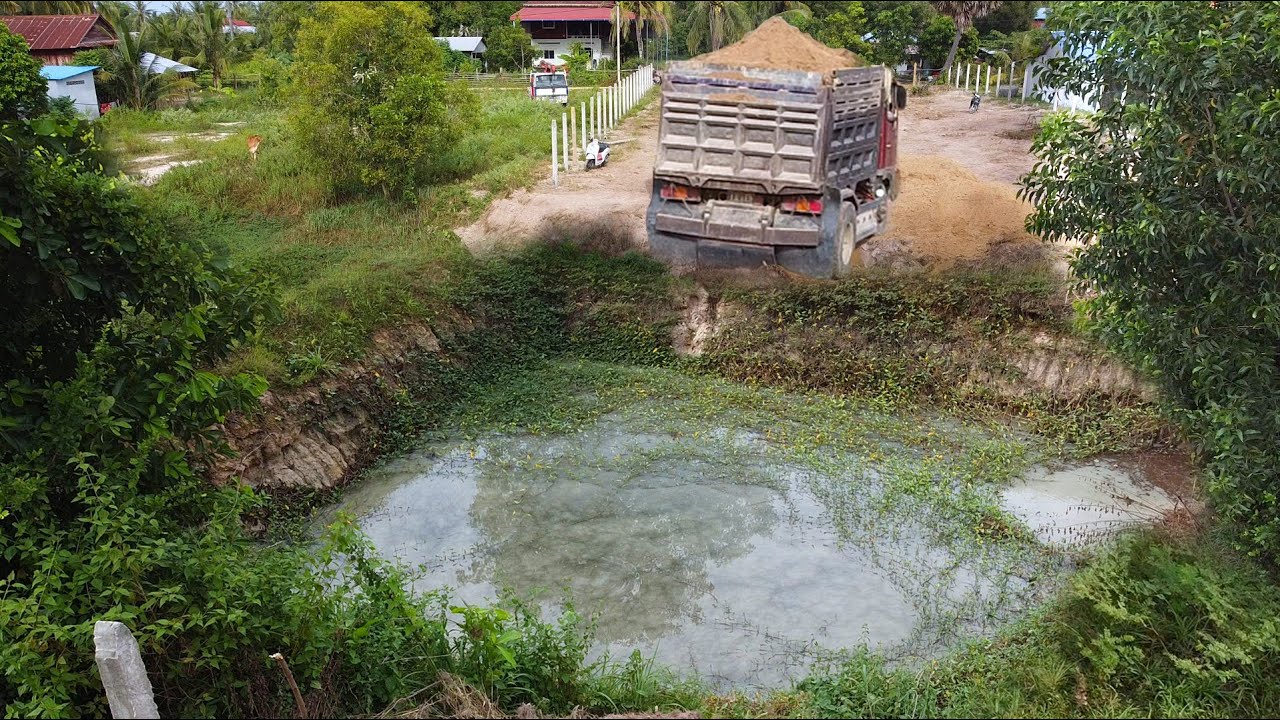 First Start Amazing PROJECT!! LANDFILL Delete Useless Deep Fish Pond Use Strong Dozer & 5Ton Truck.