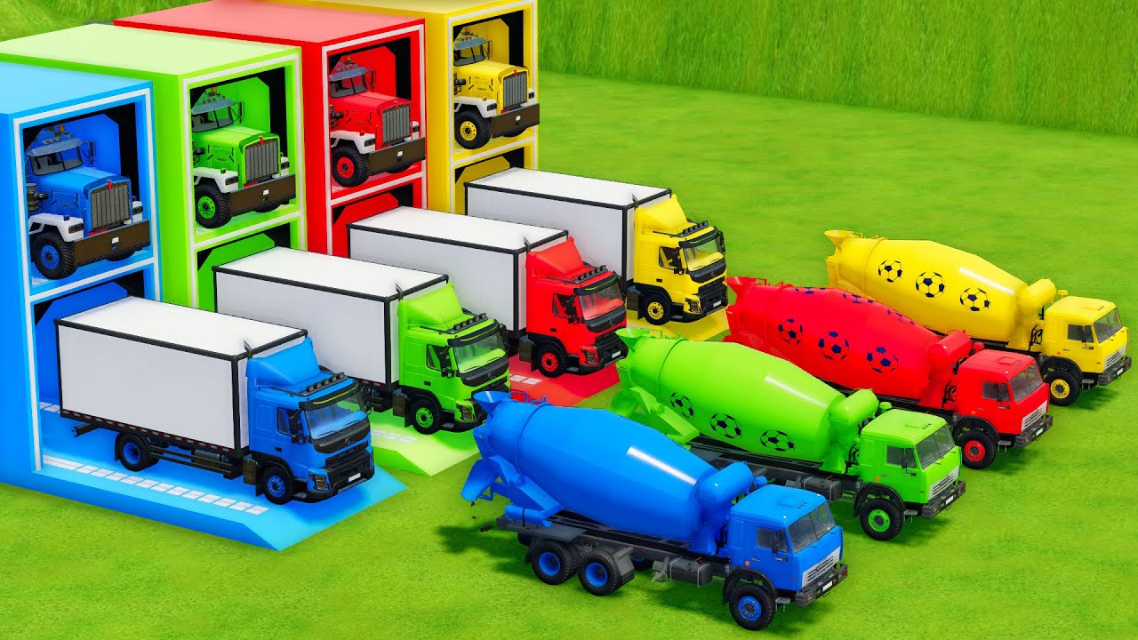 Garage with Colors - ALL MIXER TRUCK WITH DOUBLE FLATBED TRAILER TRUCK, KENWORTH, VOLVO, KAMAZ