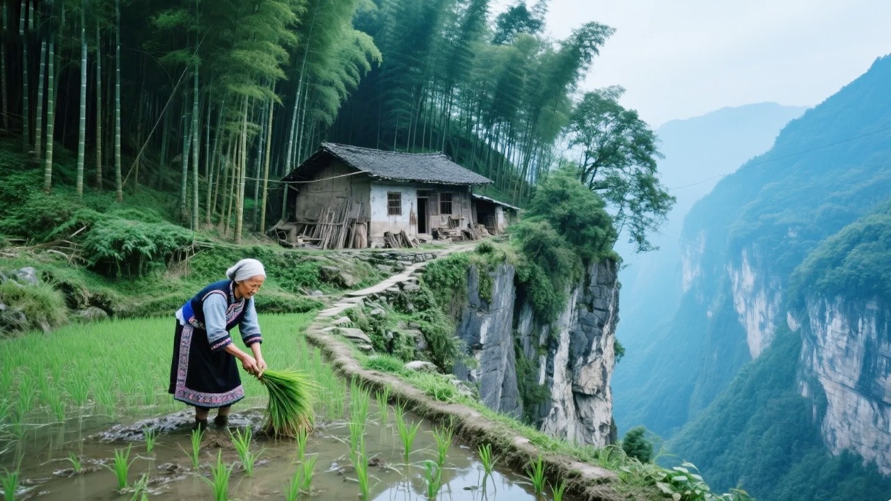 四川发现一老人独居大山，山清水秀竹林环绕，住在悬崖之上与世无争！【乡村阿泰】