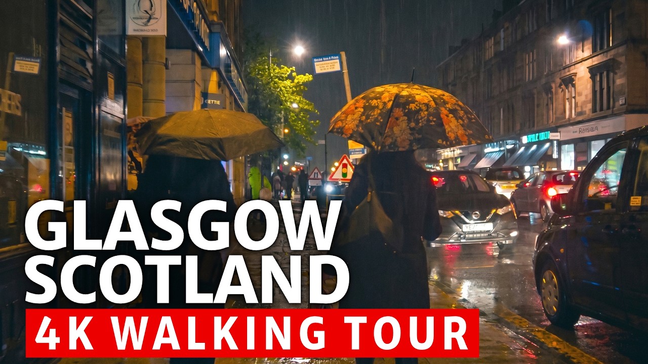 🏴󠁧󠁢󠁳󠁣󠁴󠁿 Rainy Night Walk. Byres Road. Glasgow Scotland. Saturday Night. 4K Binaural Audio.