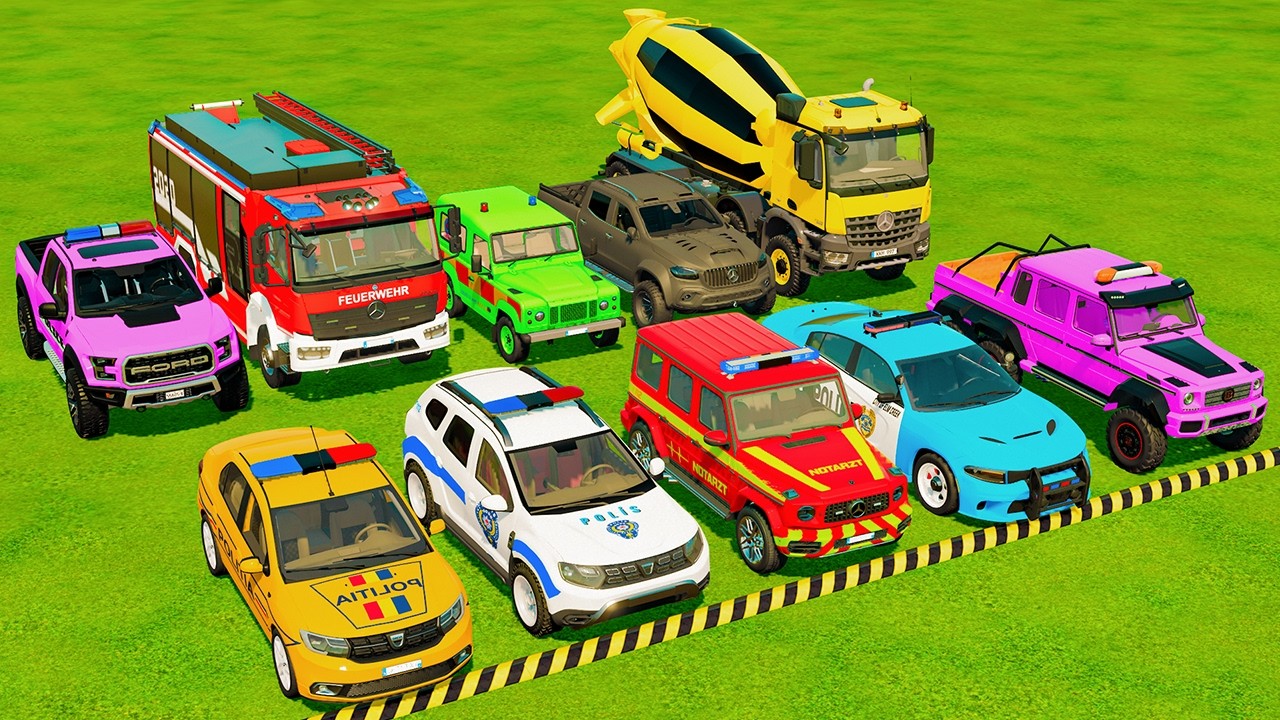 TRANSPORTING POLICE CARS, AMBULANCE, FIRE TRUCK, COLORFUL CARS WITH TRUCK -FARMING SIMULATOR 22!