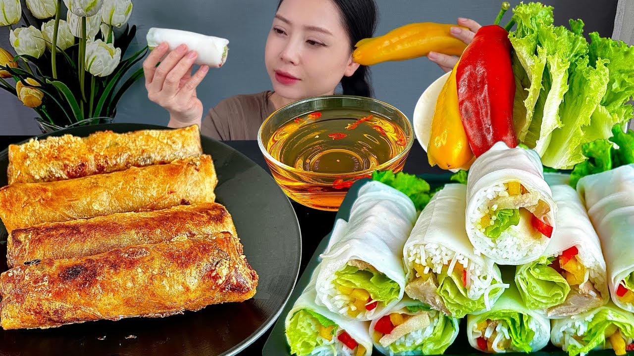 ASMR MUKBANG FRIED SPRING ROLLS , BOILED PORK BELLY ROLLS | COOKING &  EATING SOUNDS