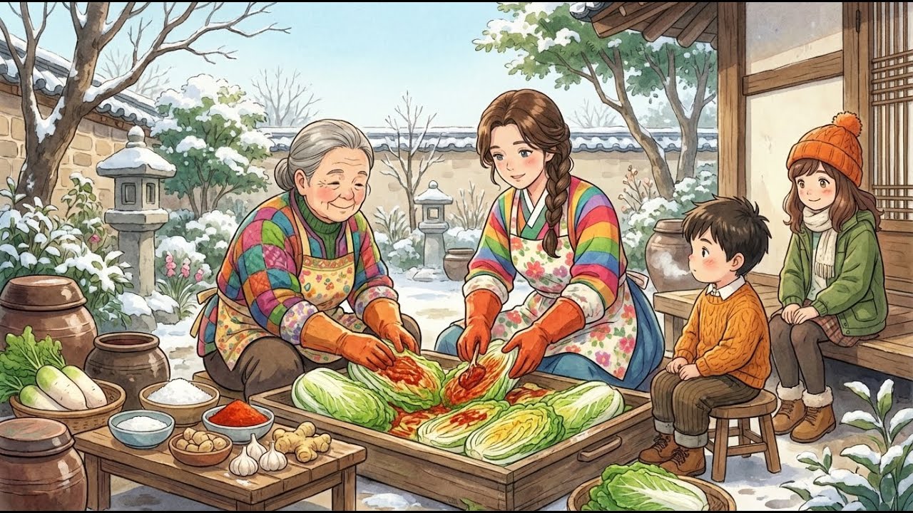 Making Kimchi under the Snow and Cooking in the Winter and Spend Time Together Ghibli Style Animatio