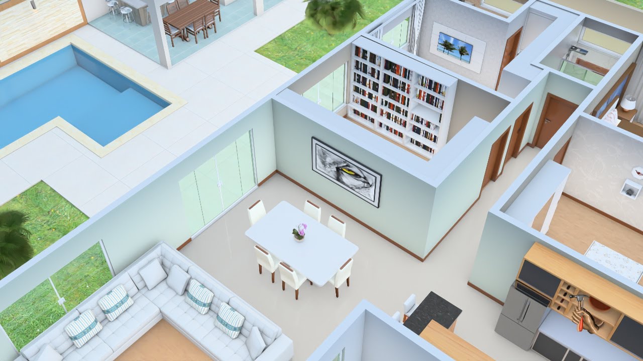Planta de Casa 3D com três ou quatro Quartos e Cozinha Americana