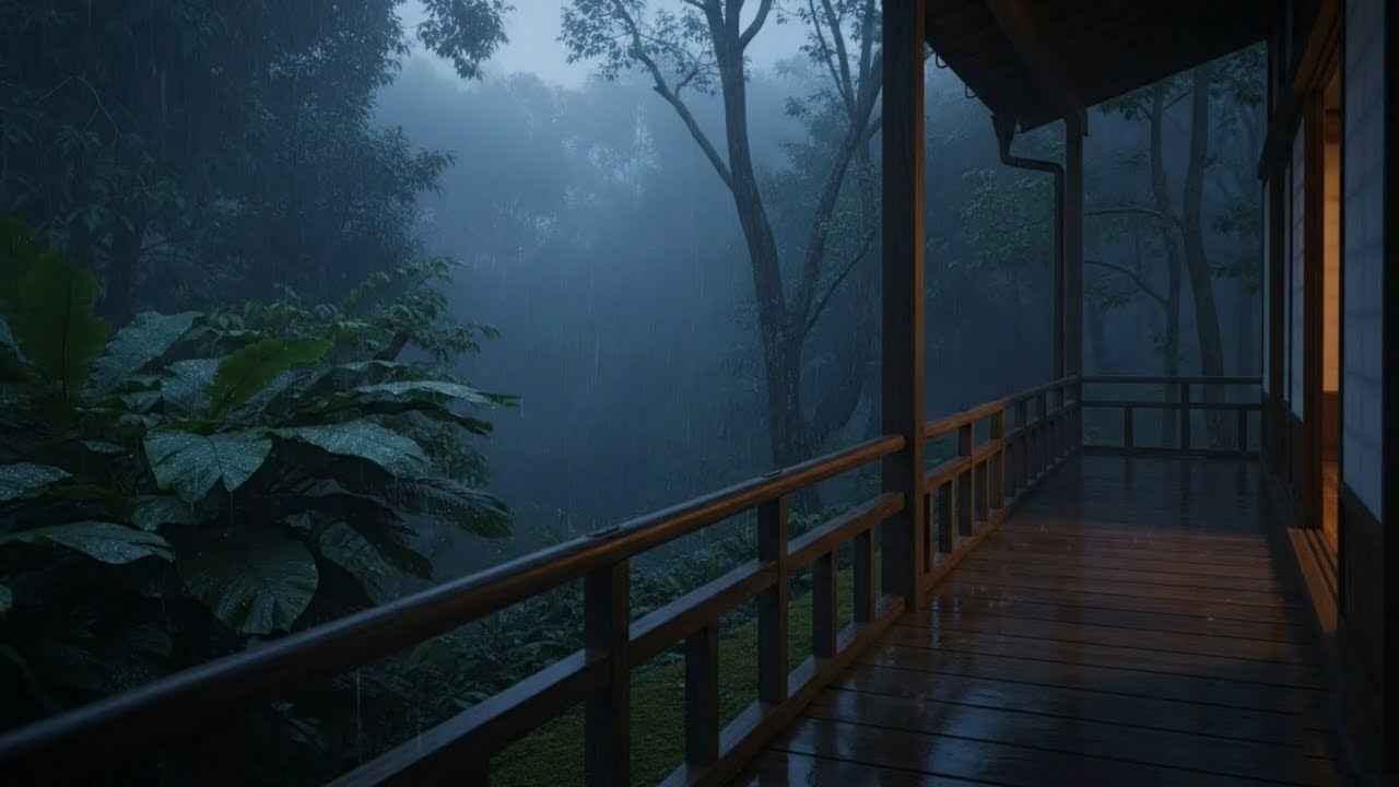 Gentle Rain on Japanese Porch 🌧️ Tropical Jungle Ambience for Sleep & Study (4 Hours)