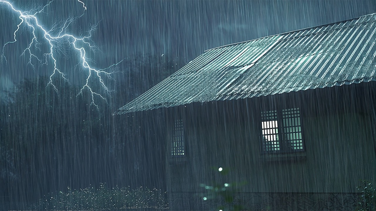 No Ads Lightning & Heavy Rain Outside | Cozy Metal Roof Storm Sounds for Relaxation