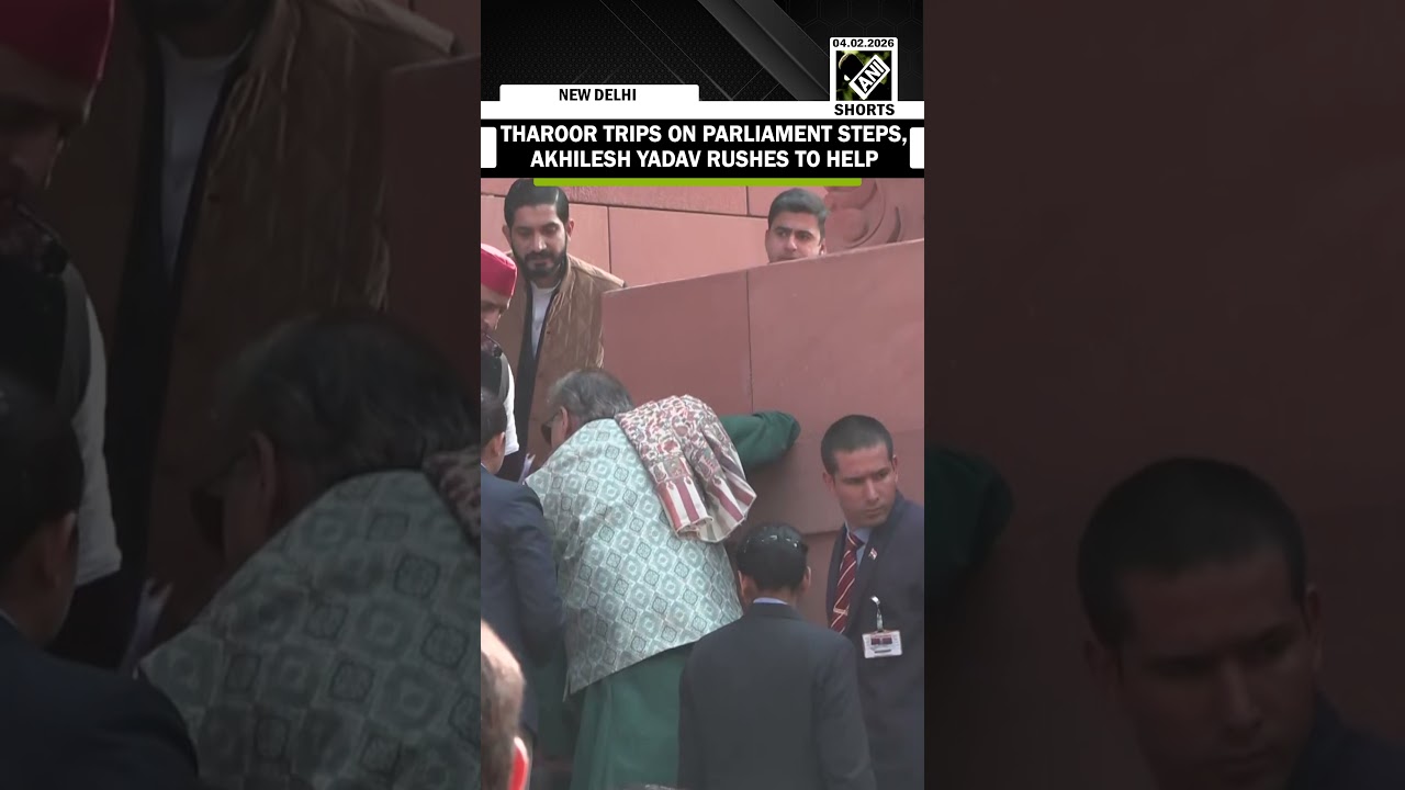 Caught on Cam! Shashi Tharoor trips on the Parliament steps, Akhilesh Yadav rushes to help