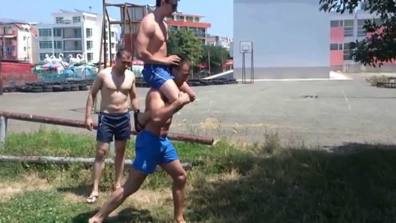 Lunges with a man on the shoulders