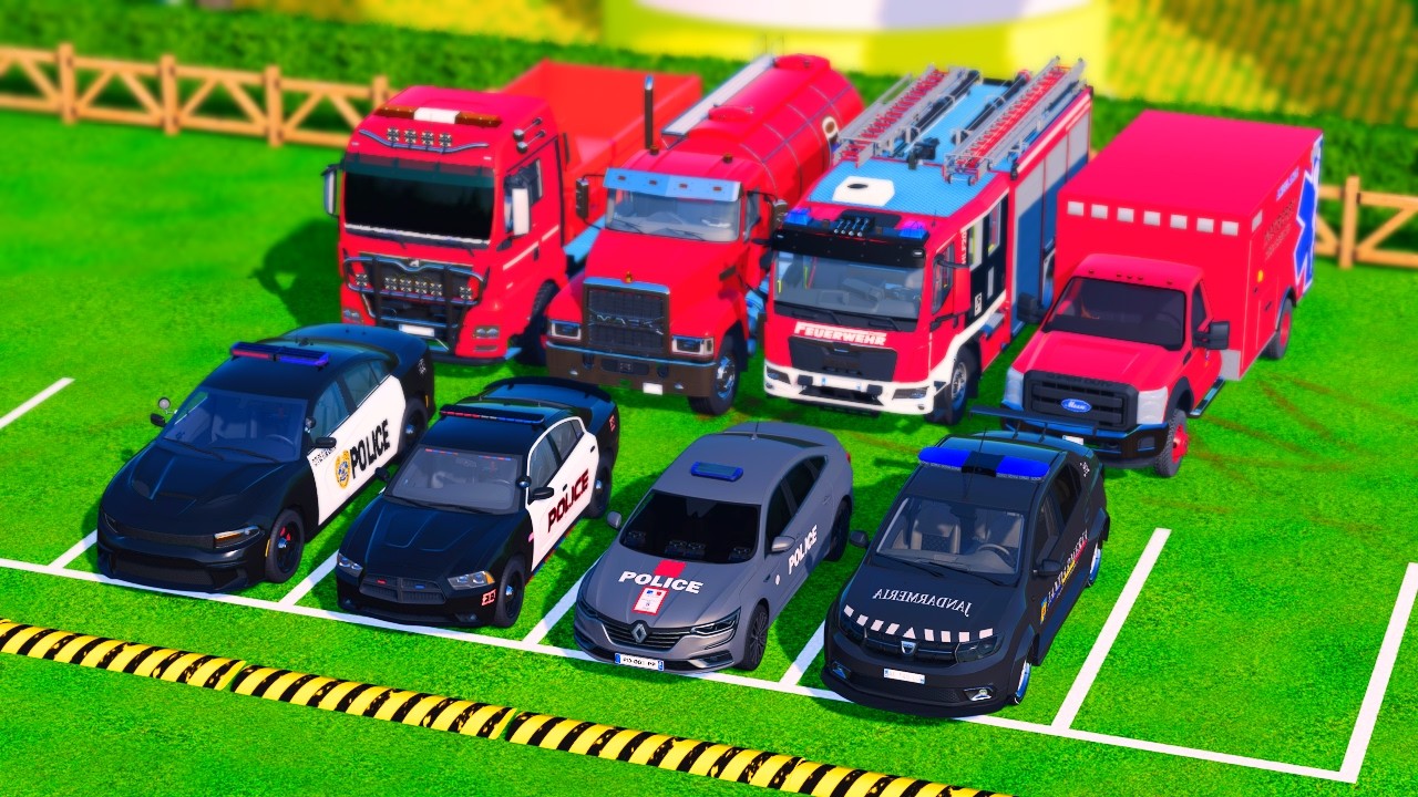 Transporting ALL POLICE, SHERIFF, AMBULANCE & FIRE TRUCK with VOLVO - Extreme Road ! 🚛🔥 FS22 #53