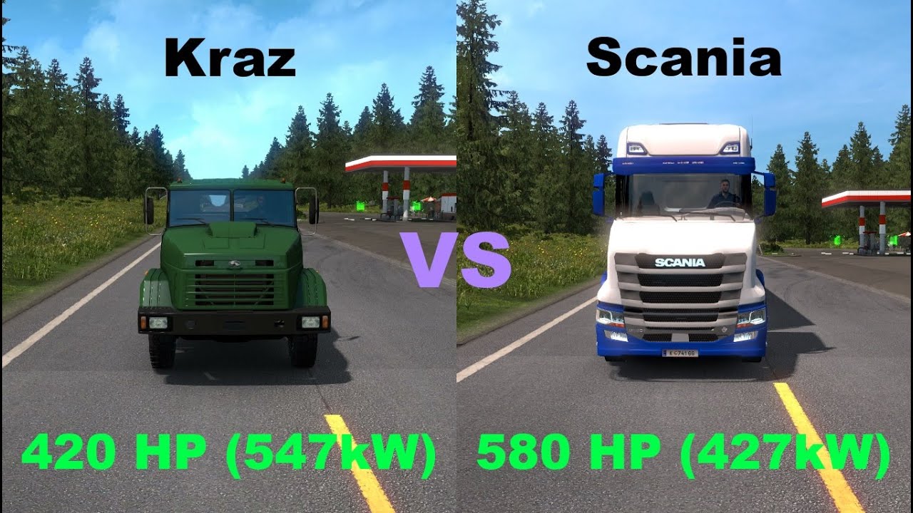 420HP Kraz 64431 vs 580HP Scania S730T Vlaustin - ETS2 - Acceleration and Brake Test Comparison