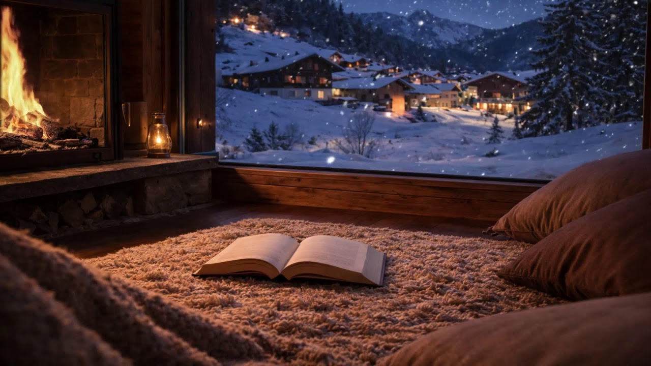 A Tranquil Winter Night 🔥 Cozy Fireplace & Alpine Mountain View