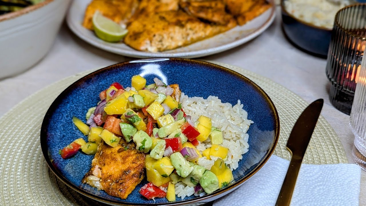 Easy food to make at home for dinner. Baked salmon with coconut rice & avocado -mango salsa