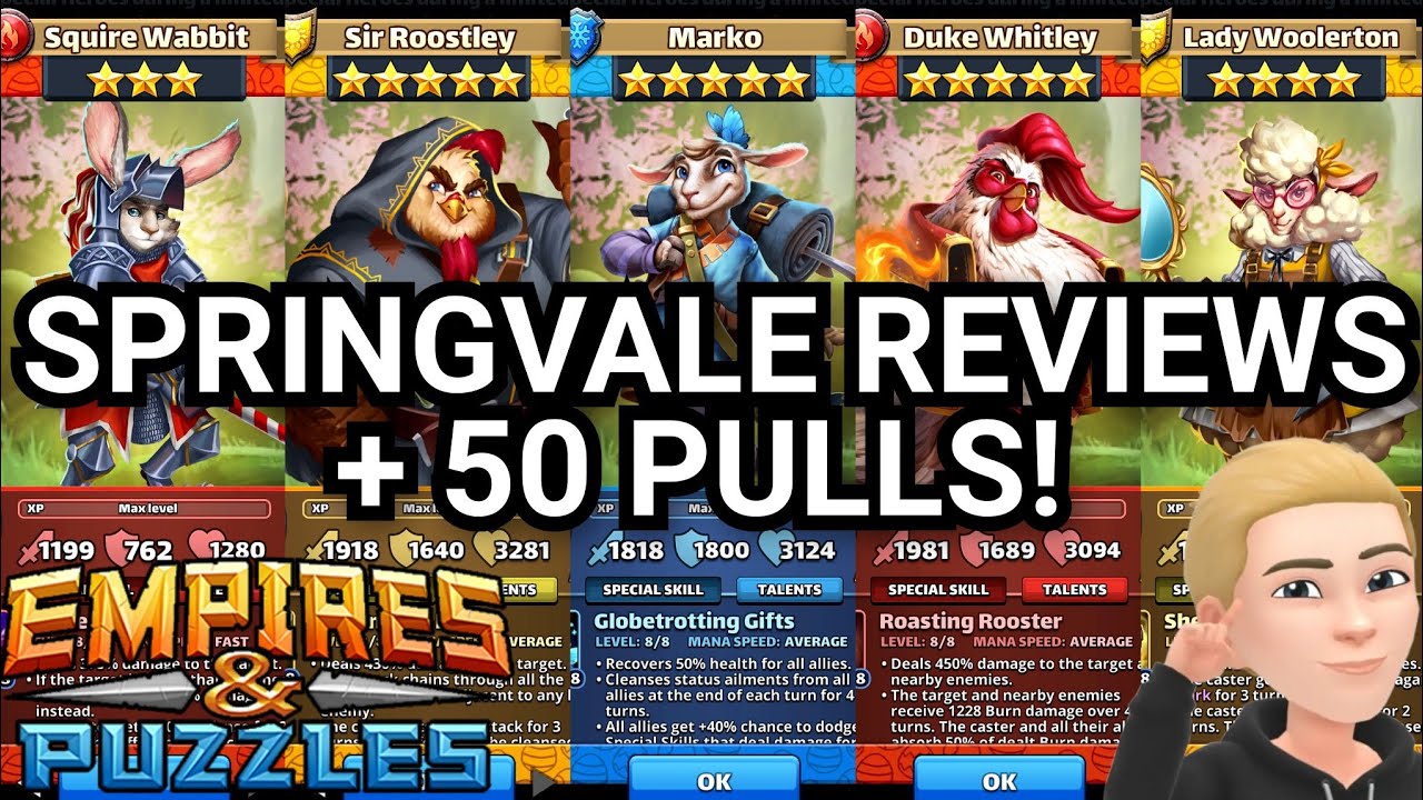 Springvale Reviews + 50 Pulls! Duke Whitley, Marko, & Costumed Sir Roostley! Empires and Puzzles