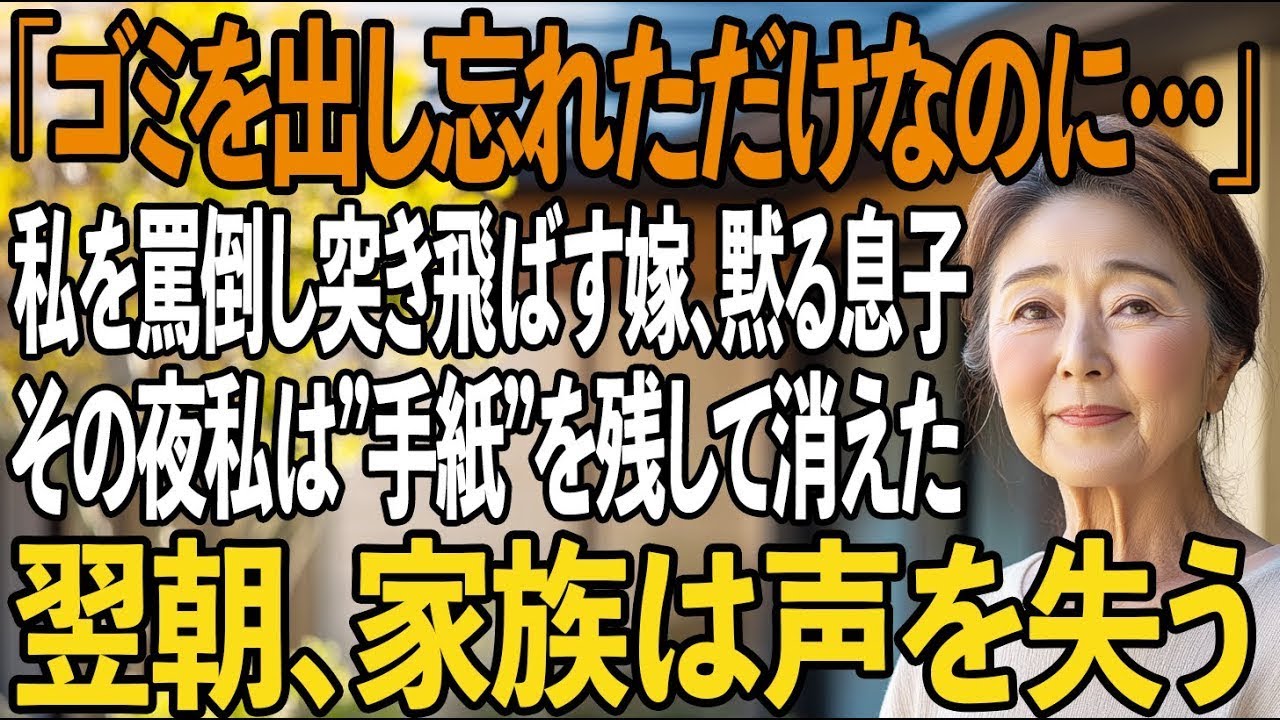 「ゴミを出し忘れただけなのに…」罵倒してくる嫁、黙ったままの息子。72歳の母は突き飛ばされ…その夜”手紙”を残して家を去った。翌朝、”手紙”を見た家族は青ざめて…【シニアライフ】【60代以上の方へ】