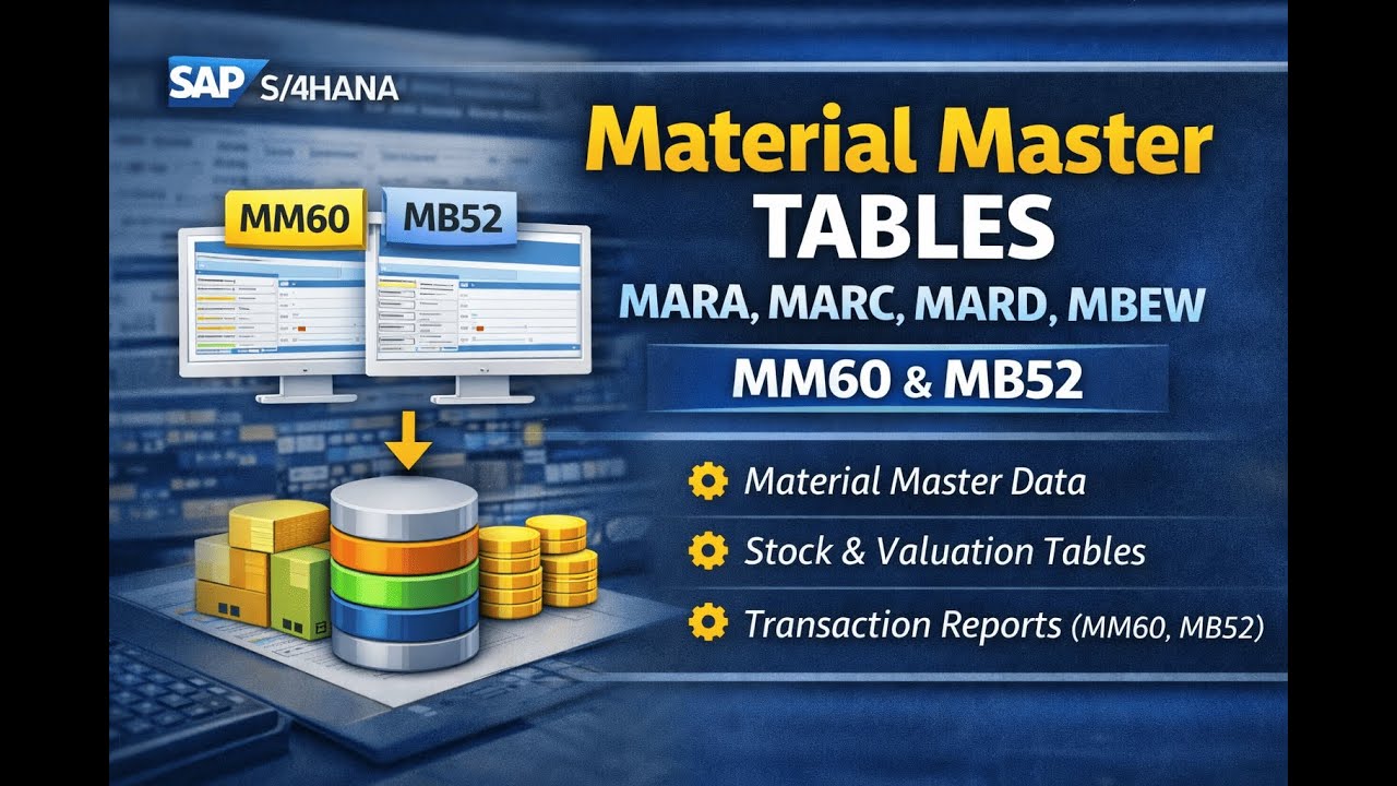 SAP MM Material Master Tables (MARA, MARC, MARD, MBEW) & MM60, MB52 and material list Explained