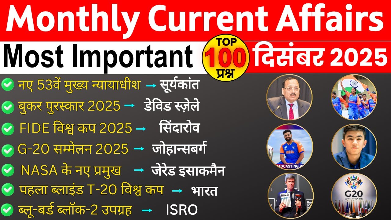 December 2025 Top 100 | Monthly Current Affairs | Current Affairs Dec Full Month