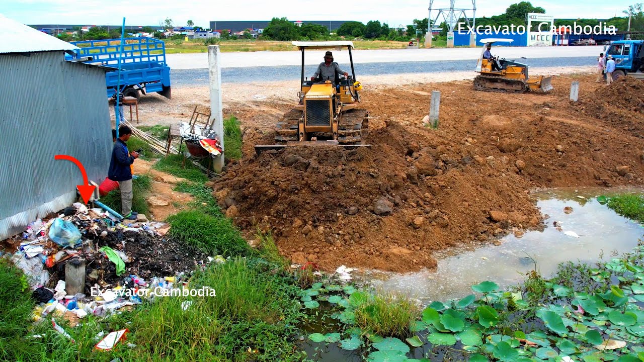 Amazing Project Landfill By Two Dozer BD2J & BD2 bulldozer Pushing Soil & 5Ton Truck Unloading Soil