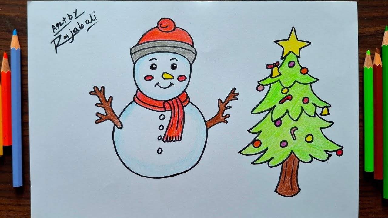 Snowman drawing Easy||Christmas Tree drawing for kids