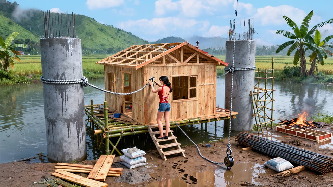 TIMELAPSE: Full Video – 90 Days Building a Bamboo House with Two Concrete Pillars | Start to Finish