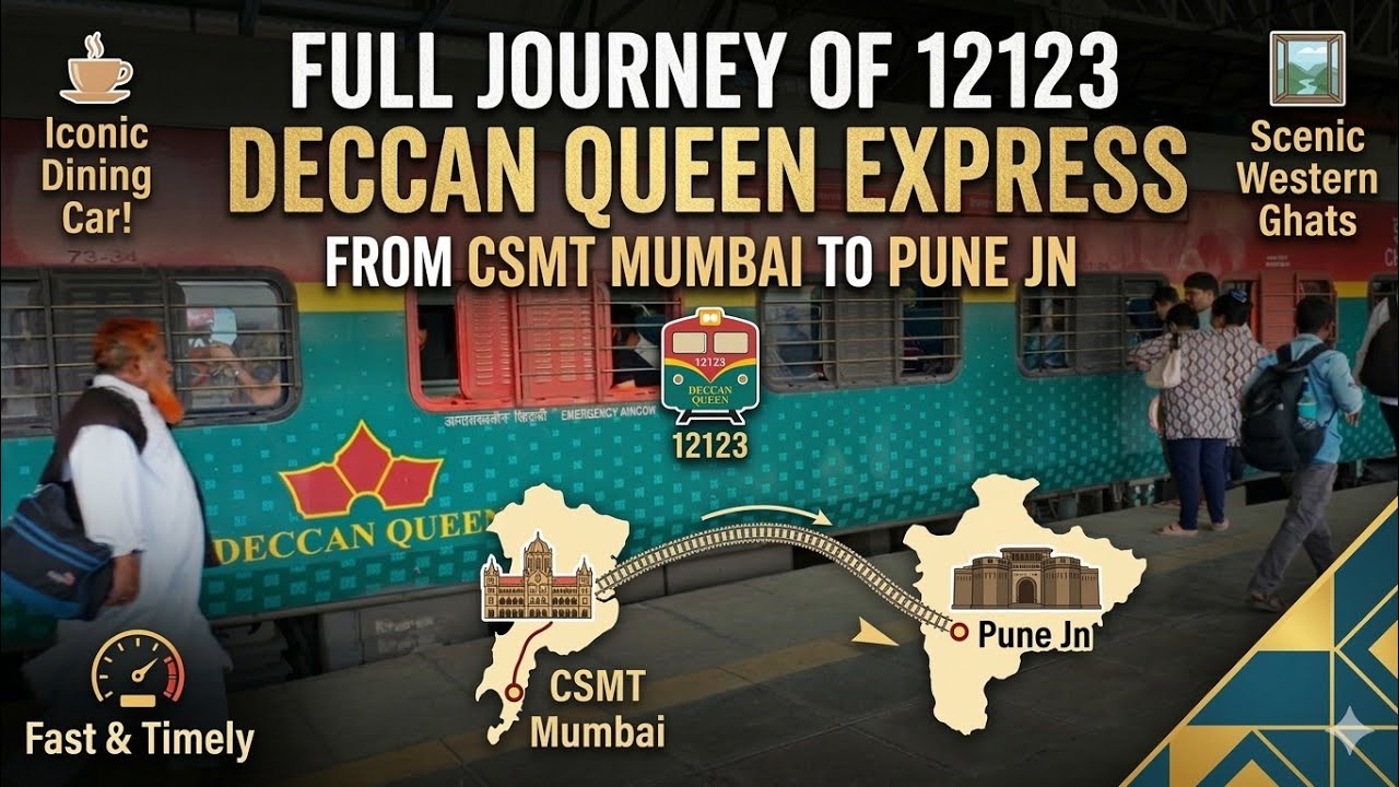 FULL JOURNEY IN 12123 DECCAN QUEEN EXPRESS FROM CSMT MUMBAI TO PUNE JN. SCENIC WESTERN GHAT VIEW.