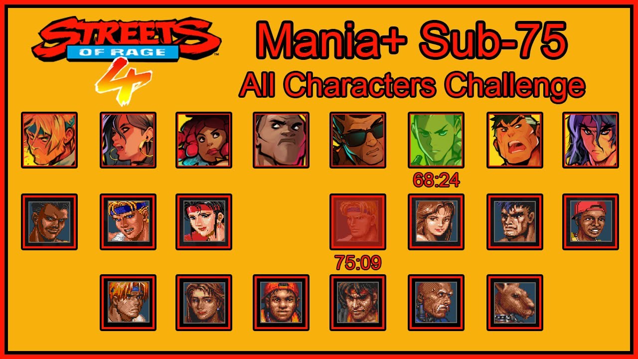 WORLD RECORD - Streets Of Rage 4 - Mania+ Sub-75 Minute Challenge: ALL CHARACTERS - Axel2 FAIL 75:09