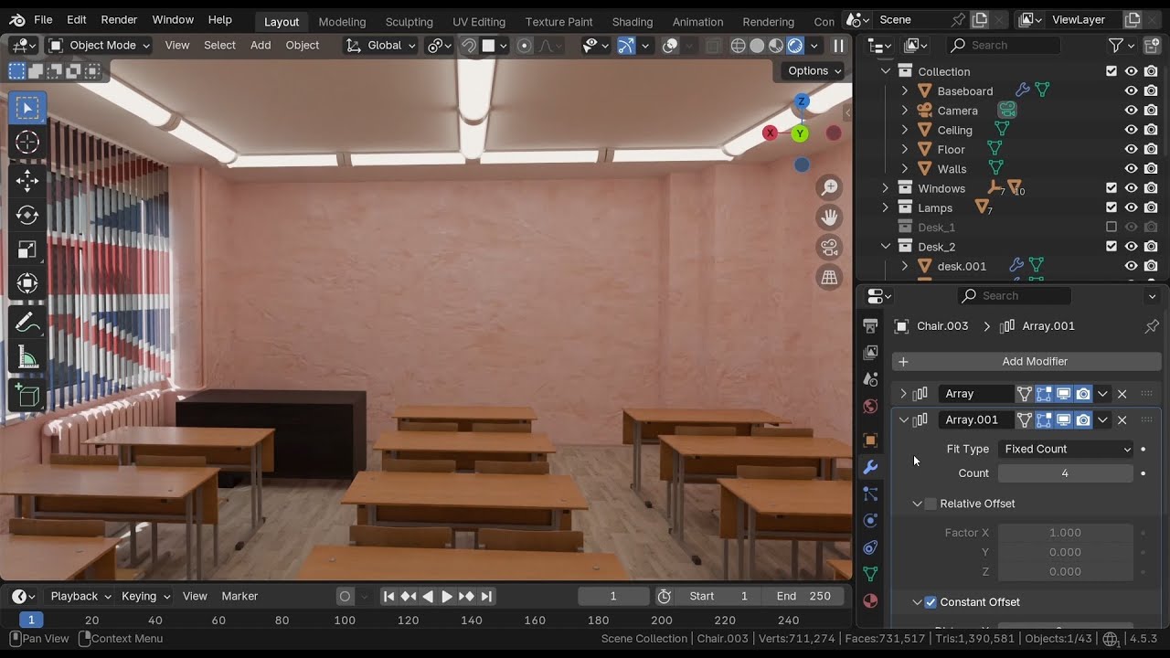 Blender. Моделювання шкільного кабінету #17. Розміщення стола і парт у класі