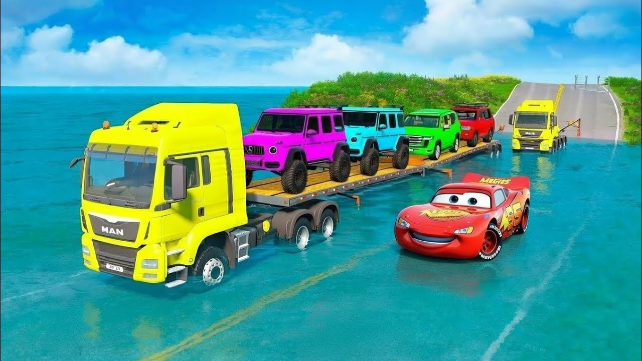Triple Flatbed truck McQueen | transportation with truck - Pothole vs car #15 BeamNG.Drive Gameplay