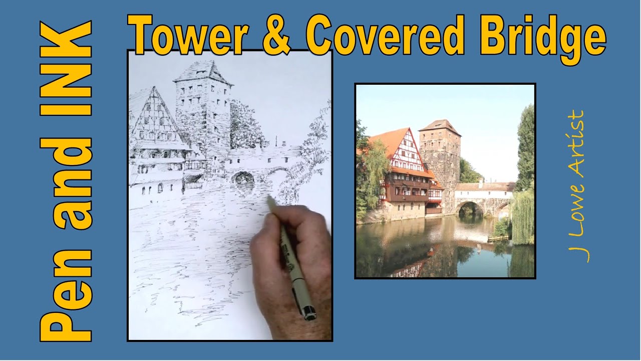Pen and Ink Drawing Tutorial for beginners, Tower and Covered Bridge