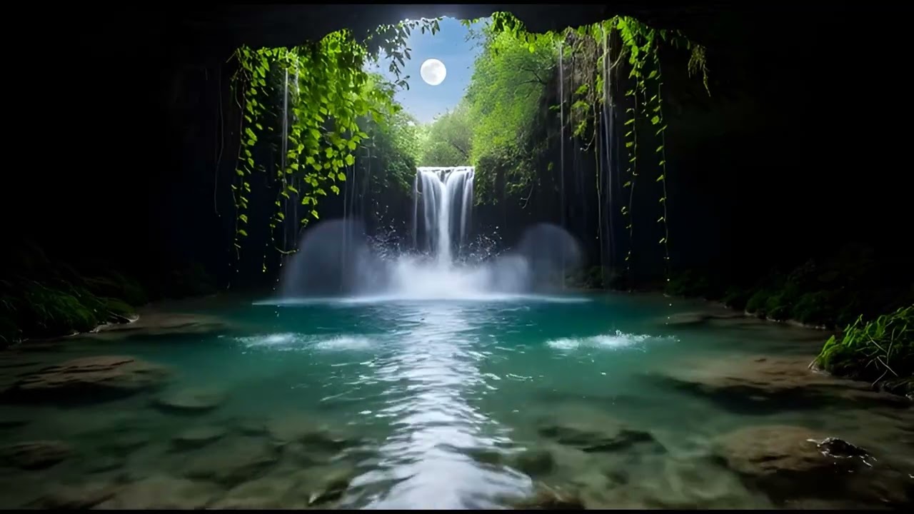 1Hour Relaxed Nature Video#16 | Glimmering Moonlit Waterfall | 4K Deep Inhale Energy from Universe