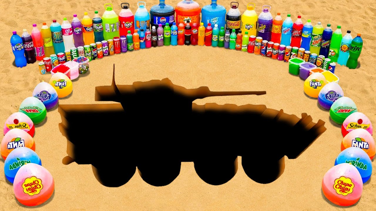 Big Toothpaste Eruption from Rainbow Tank, Giant Balloons Sodas, Mtn Dew, Fanta, Coca Cola vs Mentos
