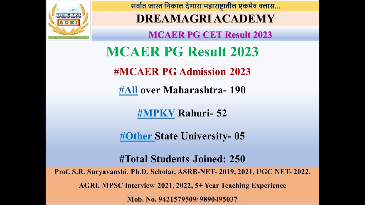 DREAMAGRI ACADEMY MCAER PG CET RESULT 2023