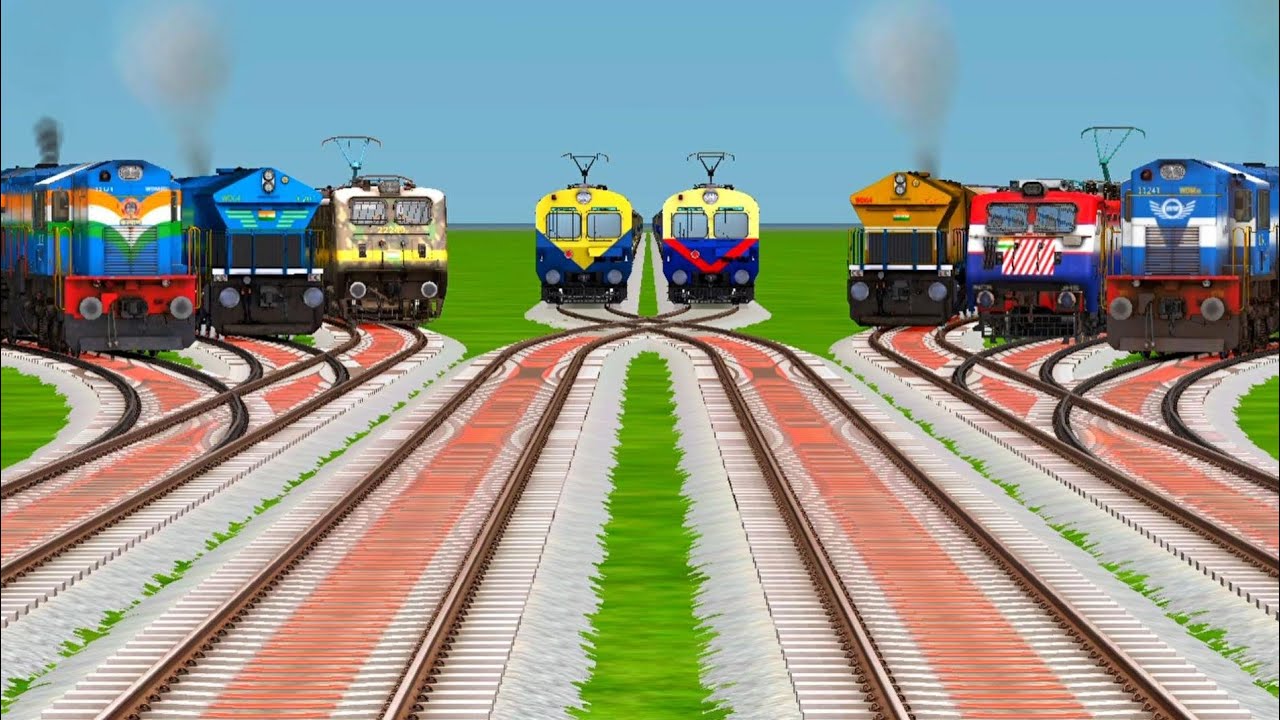 8*Trains Crossing From Curved Railroad Tracks | level Crossing | train simulator classic game video 