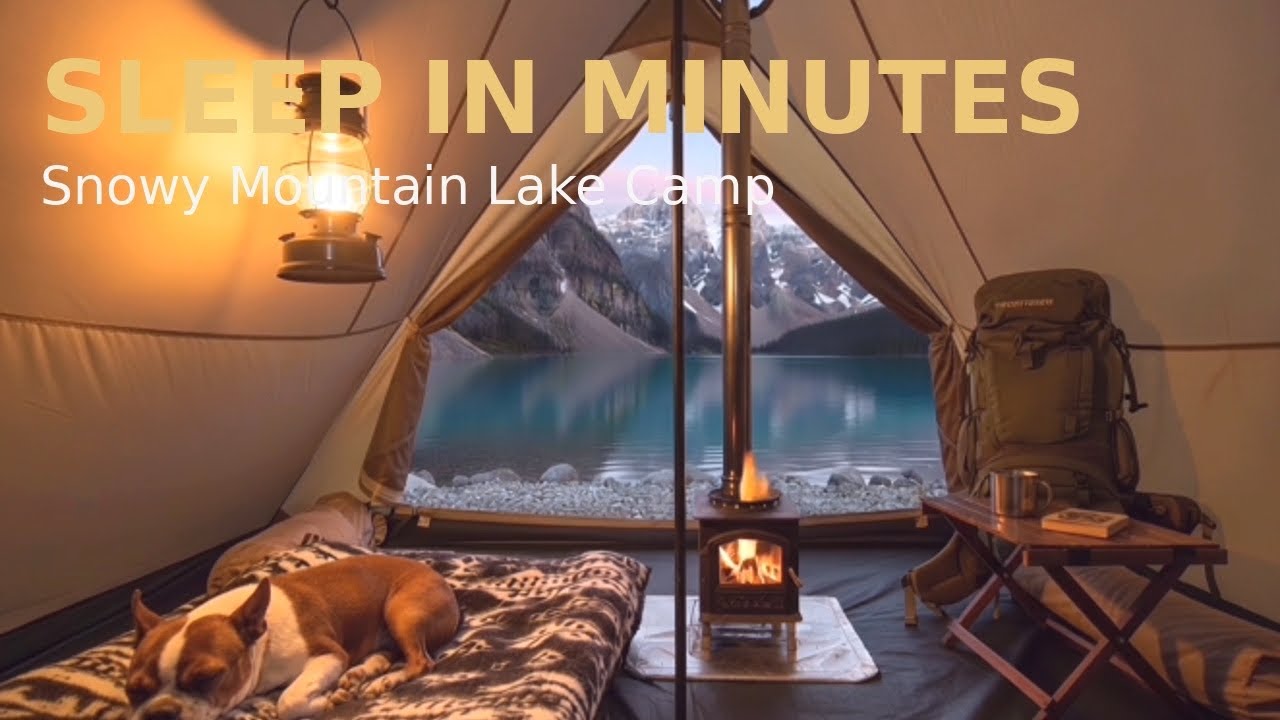 SLEEP IN MINUTES ⛺ | Snowy Mountain Lake Campfire with Dog & Stove