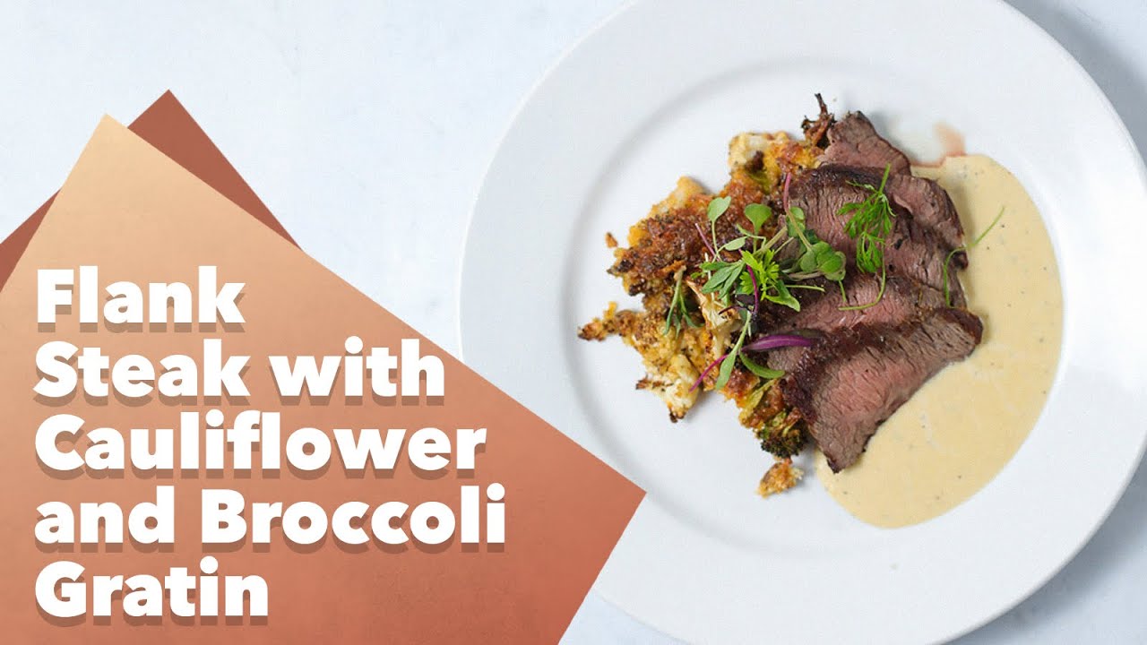 Keto Flank Steak with Cauliflower and Broccoli Gratin