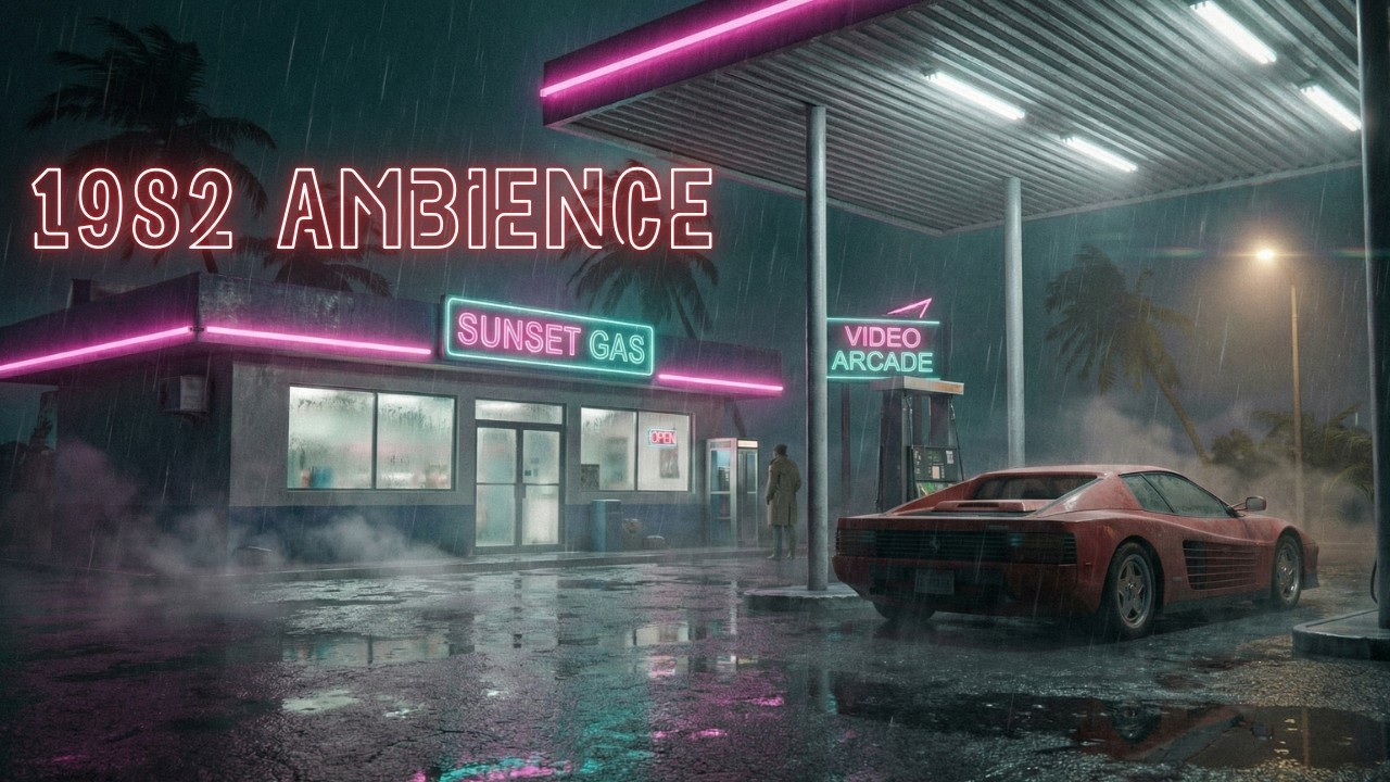 Waiting out the rain in 1982 🌧️ (Neon Gas Station Ambience) - Muffled Synthwave & Heavy Rain #long