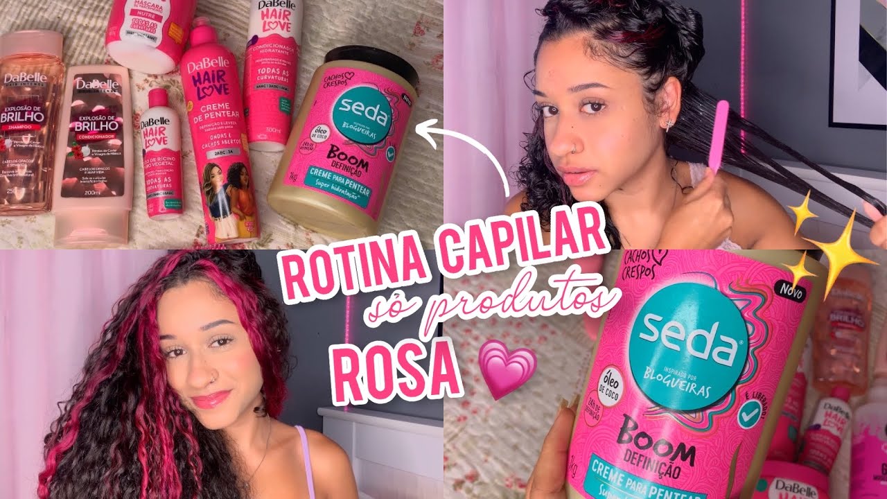 ROTINA CAPILAR SÓ COM PRODUTOS DA COR ROSA💗✨