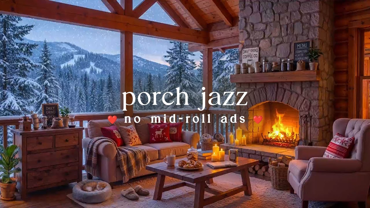 ❄️ Winter Porch Jazz (NO MID-ROLL ADS) – Cozy Fireplace Ambience for Relaxation & Focus